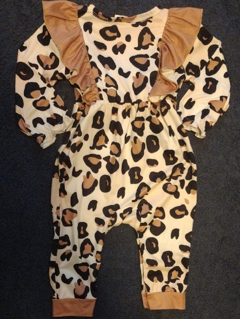 Leopard Print Ruffle Baby Romper in Tan & Black - Picture 7 of 8